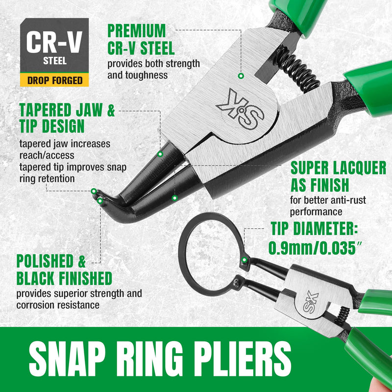 SK 4-Piece Snap Ring Pliers Set, 5-Inch Internal/External Circlip Pliers with Straight/Bent Jaw, 0.035'' Precision Tip Diameter, Premium CR-V Steel, with Zipper Pouch
