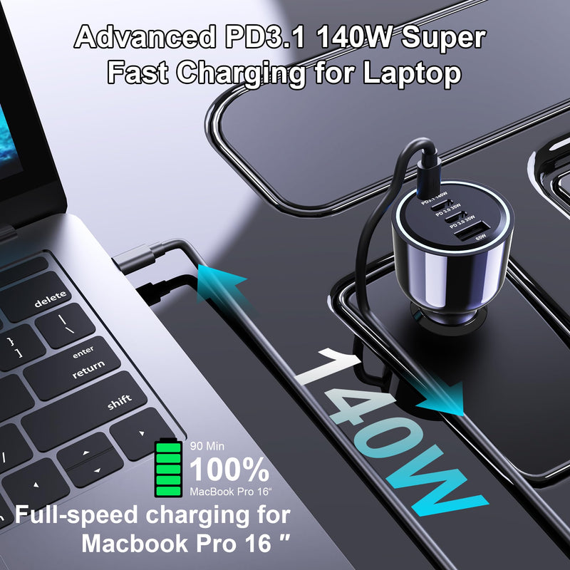 240W USB C Car Charger, Super Fast Charging 4-Ports PD3.1 140W/PD3.0 100W PPS 45W QC65W Type-C Car Adapter for MacBook Pro Laptop iPhone 16 15 Max iPad Samsung Galaxy S24/23 Pixel etc