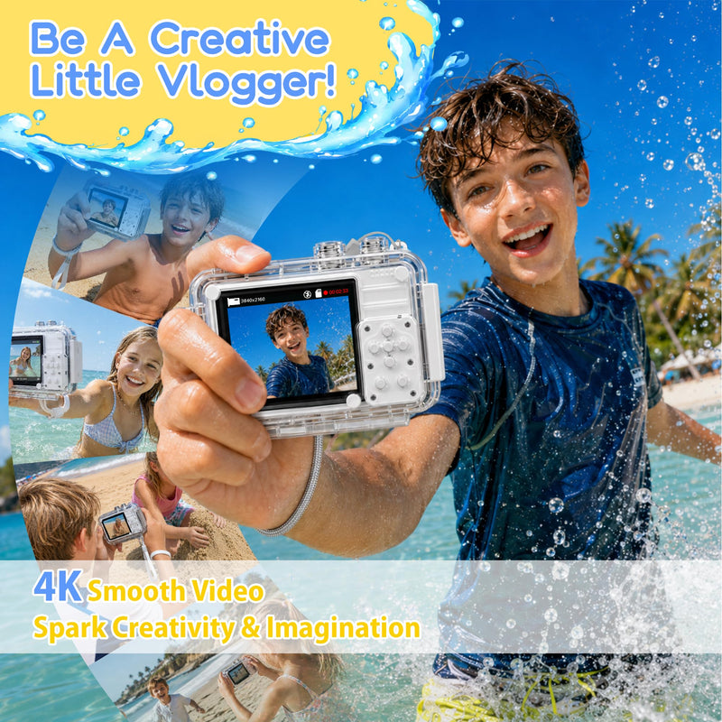 MOMILLA Kids Camera with Waterproof Case, 4K Vlogging Digital Camera | 16X Zoom Autofocus, 50MP Underwater Toddler Camera for Travel, Swimming, Outdoor, Birthday Gifts for 5-16 Year Old Boys Girls White