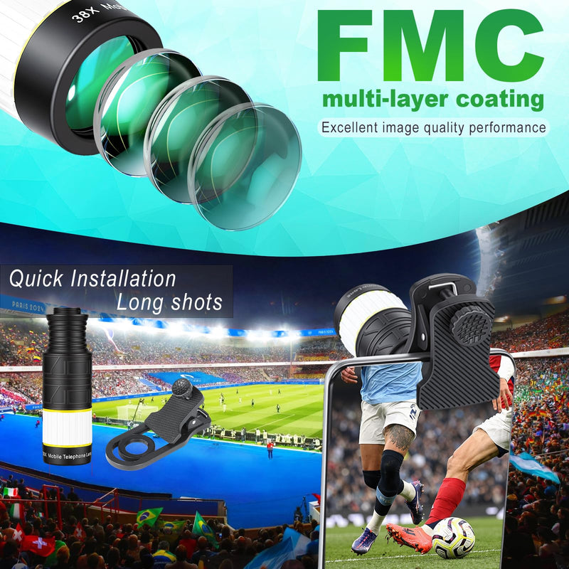 38X Phone Camera Lens for iOS and Android Cellphones, Telephoto Zoom Mobile Phone Lens with All-Purpose Phone Holder for Picture & Video Taking