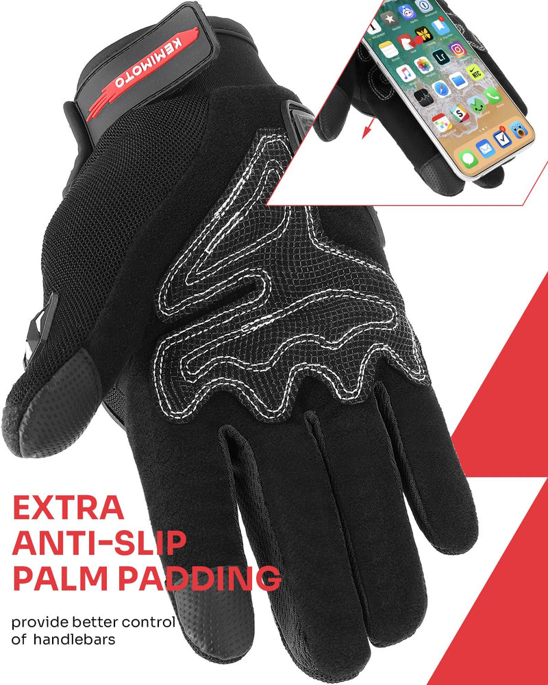 KEMIMOTO Motorcycle Gloves for Men, Touchscreen Cycling Gloves for Outdoor Sports On-Road/Off-Road/Mountain Motorcycle Motorcross Motorbike Dirt Bike Bicycle Racing ATV UTV, L, Black Large