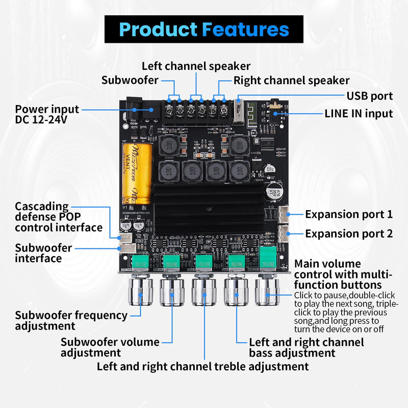 Bluetooth Audio Amplifier Board, ZK-TB21PRO 2.1CH 50W×2+145W Subwoofer Amp | with USB Lossless Decoding, SOP8/DIP8 Dual Package, Mic & Subwoofer Expansion Ports, Enhanced Heat Sink