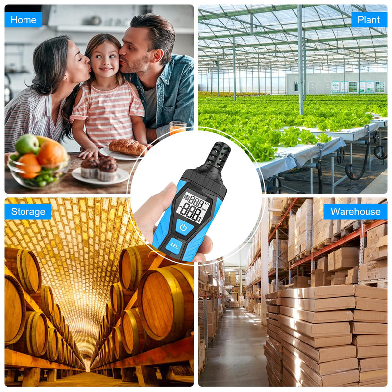 Temperature Humidity Meter - Handheld Thermometer Hygrometer with Ambient, Dew Point, Wet Bulb, High Precision Wet Bulb Thermometer, Dual Display Temperature & Humidity with LCD Backlight Blue TH10