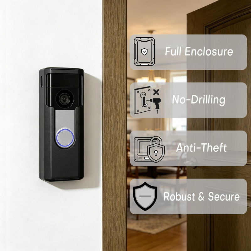 Impact-Reduce Encased Mount for Ring Battery Doorbell/Plus/Pro 2026 Model | Anti-theft Anti bird-droppings Adhesive Back or Drill-On Video Doorbell Cam Holder Bracket Ring Battery Doorbell/Pro/Plus (New model) Cardle