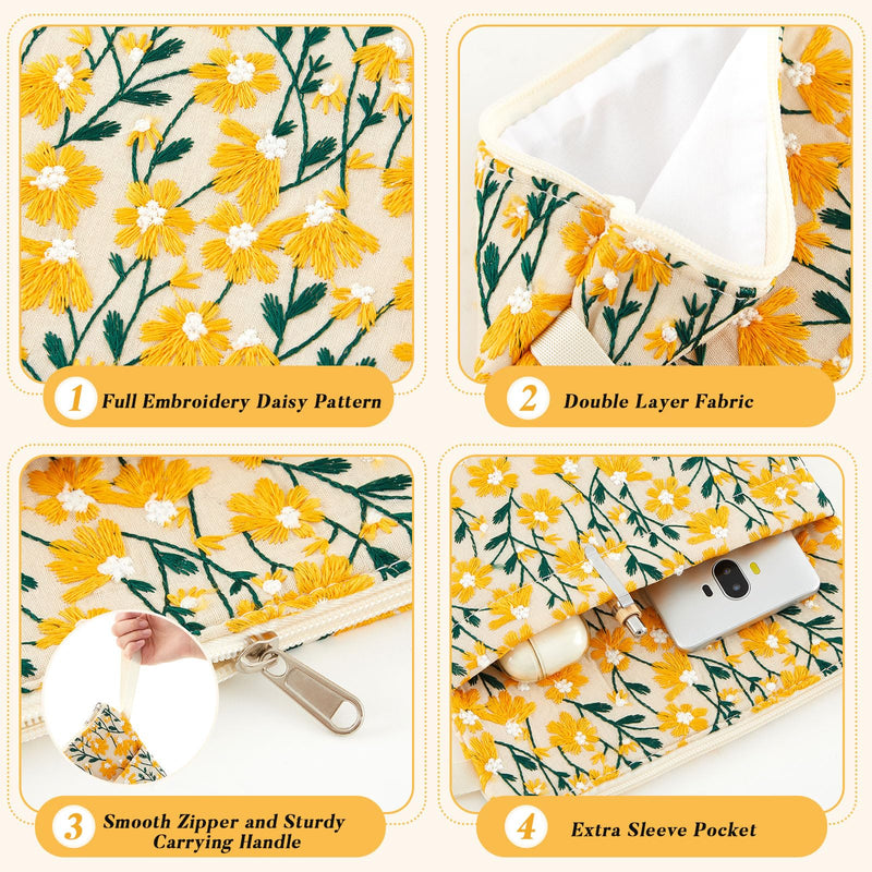 2 Pcs 12''x9'' Embroidered Daisy Book Sleeve with Handle Zipper for Women Washable Fabric Flower Book Sleeve Pouch for Paperbacks Hardcover, Christmas Gift for Reader Teacher