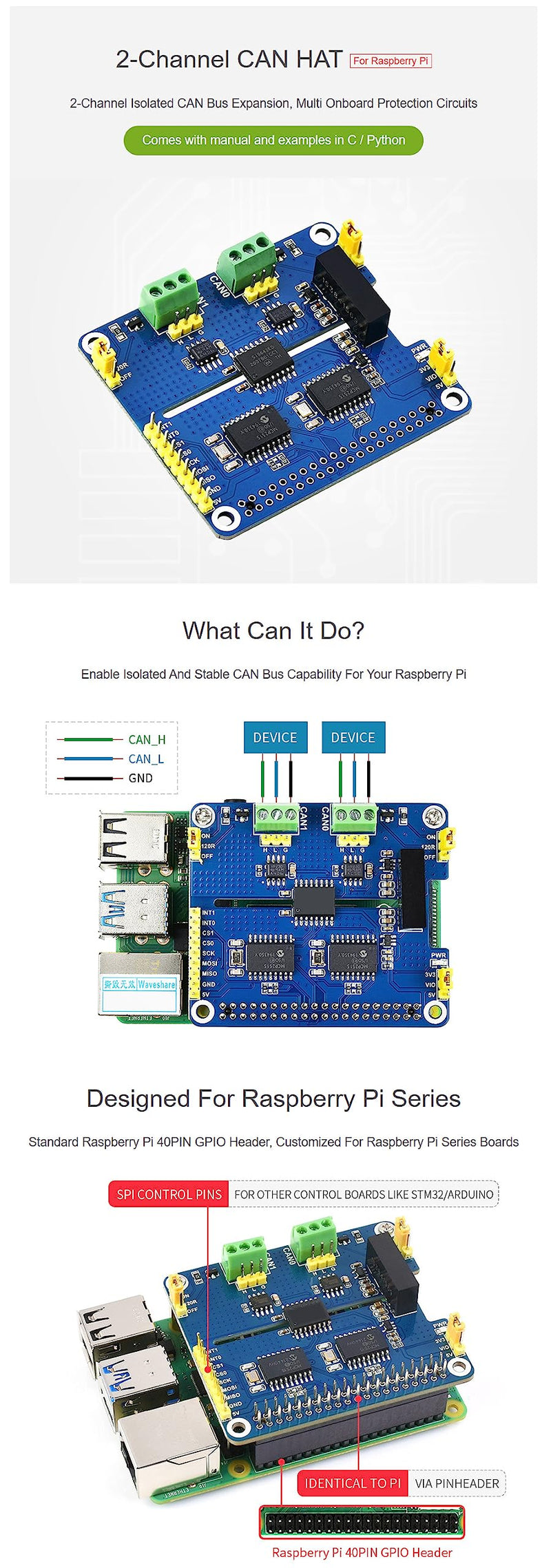 2 Channel CAN HAT Isolated CAN Bus Expansion Board for Raspberry Pi/STM32/Arduino with MCP2515 + SN65HVD230 Dual Chips Solution