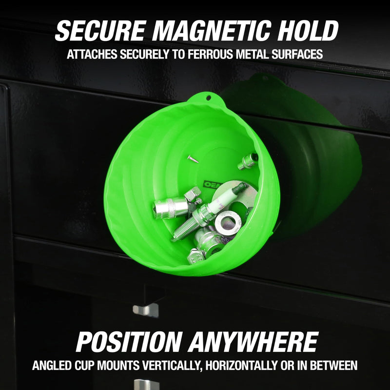 OEMTOOLS 25115 Green Magnetic Nut Cups, 2 Pack, Each Curved Magnetic Parts Tray Holds Up to 5 Pounds, Attaches To Metal Surfaces, Multi-Use Nuts And Bolts Organizer Set Made From Durable ABS Plastic Green 2 Pack