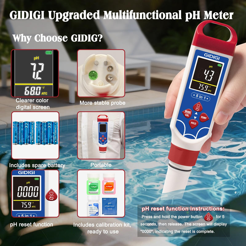 5 in 1 Digital pH Meter with TDS/EC/Salinity/Temp, Pool Salt Tester pH Pen for Water, Digital Salinity Meter for Saltwater Pool, Aquarium, Home Tank, Hydroponic pH Tester with pH Reset Function