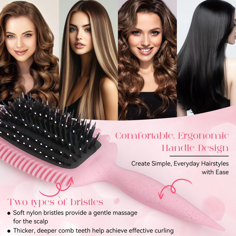Curling Brush for Defined Curls, Antistatic Brush for Gentle Detangling and Styling Ergonomic Handle, Suitable for Natural Curly and Curly Hair (Pink) Pink C
