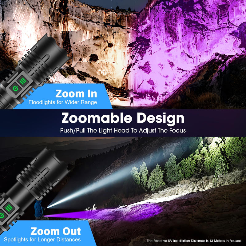 UV Blacklight&High Lumens Flashlight Rechargeable, Powerful Blacklight Flashlights for Pet Urine Detection, Resin Curing, Scorpion, Zoomable Waterproof Tactical LED Flashlight for Camping, Emgergency Black