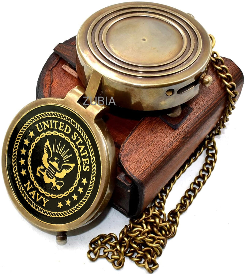 Navy Engraved Brass Pocket Compass with Leather Case, Vintage Antique Style Navigation Compass, Personalized Nautical Gift for Men, USN & Marine Inspired Keepsake for Graduation, Birthday