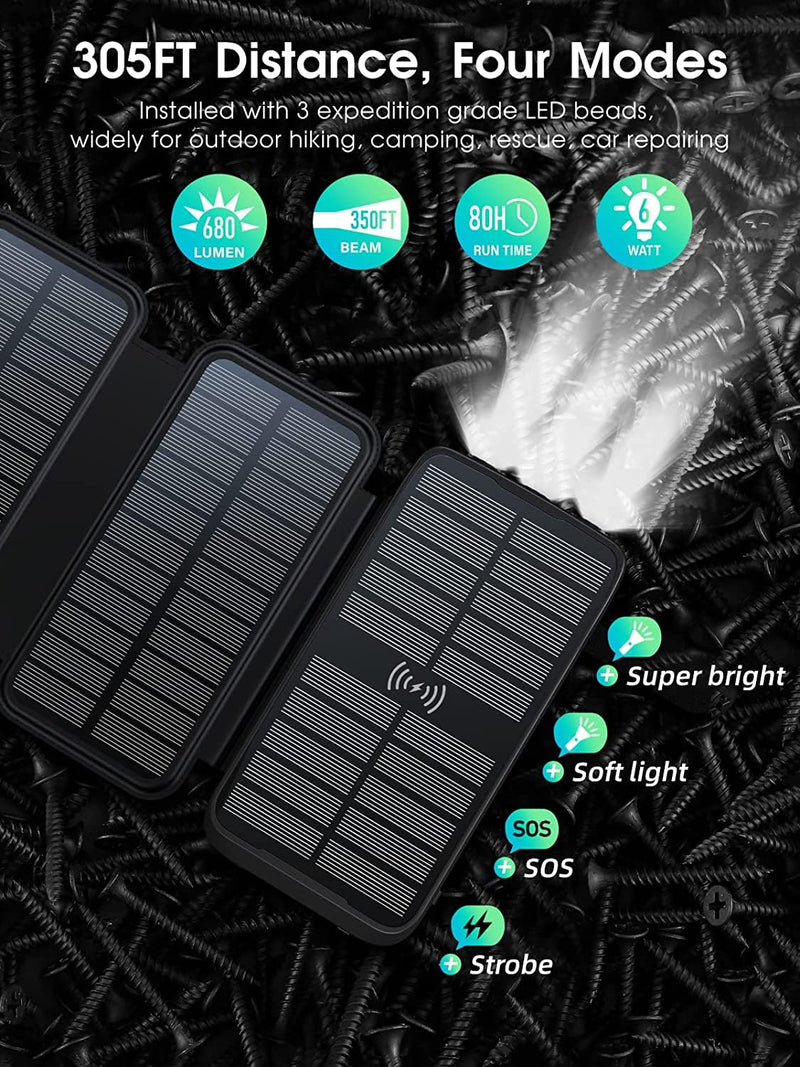 superallure Solar Charger, Power Bank, Portable Charger,43800mAh QC3.0 Fast Charger Qi 10W Wireless Charger 4 Solar Panel Built-in 2 Kinds Output Cable and 680Lumen flashlights Black