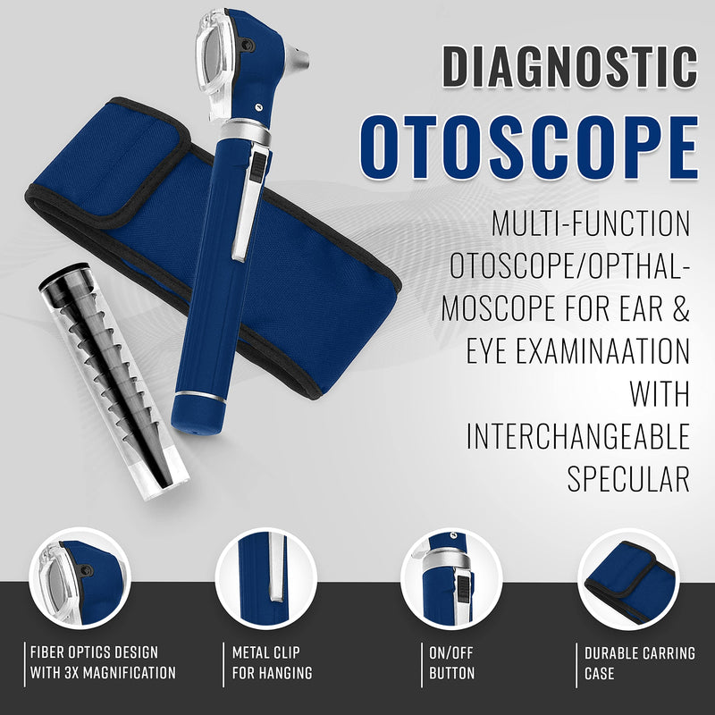 SURGICAL ONLINE Fiber Optic Mini Otoscope Rainbow Many Colors - Pocket Otoscope with Case ENT Diagnostic Set w/Extra Bulb Included (Navey Blue)