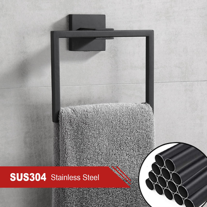 Bathroom Black Towel Ring SUS 304 Stainless Steel Square Towel Bar，Towel Rack Matte Black Towel Holder Modern Towel Hanger for Bathroom Lavatory Kitchen Wall Mount