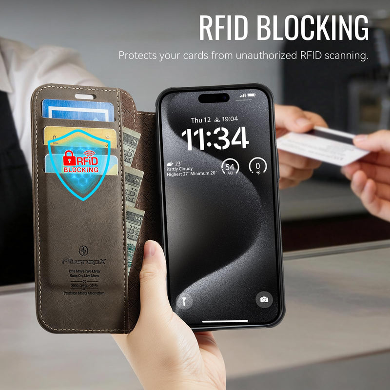 for iPhone 15 Pro Max Slim Wallet Case Wireless Charging, Brown | Compatible with Magsafe, RFID Blocking Card Holder, Magnetic Closure, Shockproof, PU Leather, Phone Flip Cover, for Men Women for iPhone 15 Pro Max