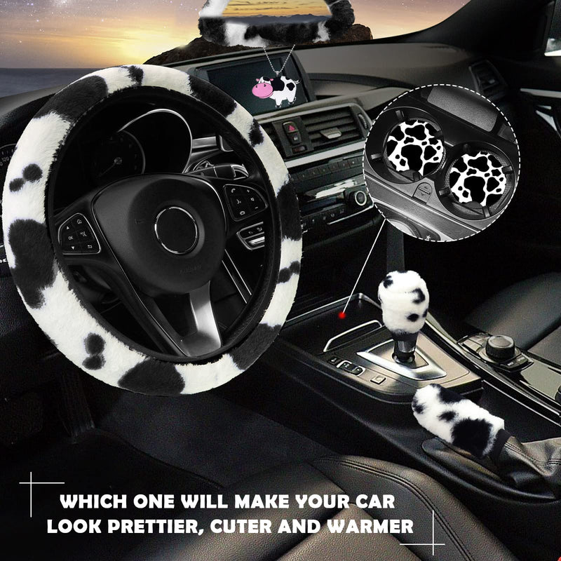 JINGSEN11 Pieces Fluffy Car Accessories Set,Fluffy Cow Print Plush Steering Wheel Covers for Women Soft Fleece Handbrake Cover Shift Cover Car Trim Warm Non-Slip (Black) black