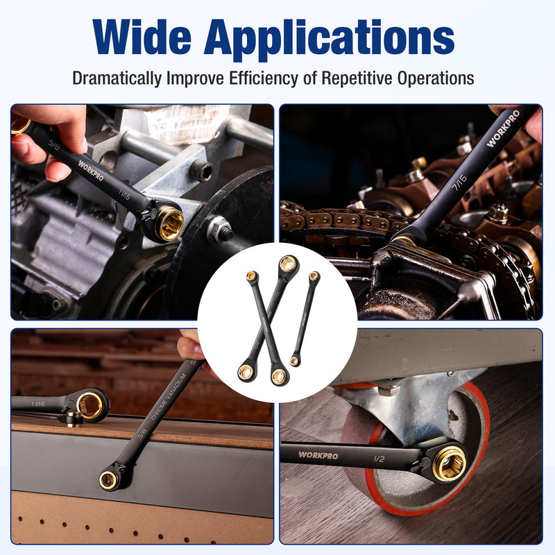 WORKPRO 3-Piece 4-in-1 Reversible Ratcheting Wrench Set, 12 Sizes in 3 Wrenches (1/4"-3/4"), SAE, Anti-Slip, Double Box End, 72-Tooth, CR-V, 6-Point, with Storage Bag - for Repair & Maintenance
