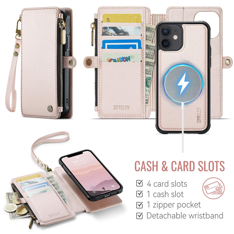 for iPhone 12/Pro - Phone Case Wallet Magnetic, Champagne Gold | Compatible with Magsafe, Detachable, RFID Blocking Card Holder, Zipper Pocket, Wrist Strap, for Women Men, Durable PU Leather iPhone 12 & 12 Pro