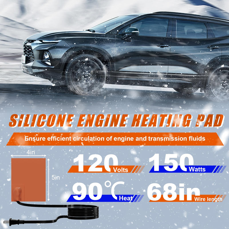 2 Pcs Silicone Car Engine Heater Pad, Self-Adhesive Engine Block Heater Oil Pan Heater Pad Silicone Heating Pad with 194°F Thermal Protector & 68" Power Cord (150W 120V) ﻿