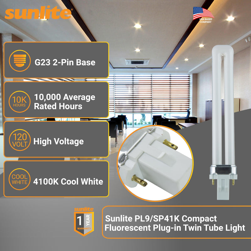 Sunlite PL9/SP41K/10PK 2-Pin Fluorescent 9W 4100K Cool White U Shaped PL CFL Twin Tube Plugin Light Bulbs with G23 Base (10 Pack) 10 Pack 4100k - Cool White