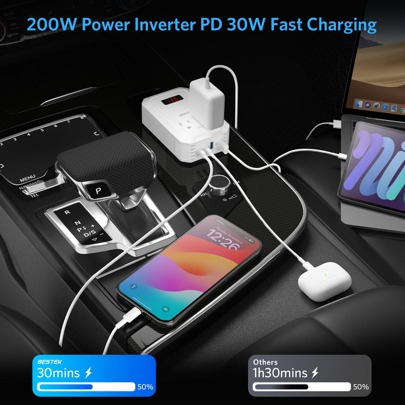 BESTEK 200W Car Power Inverter - DC 12V to 110V AC Converter with 2 USB-C(30W) and 2 USB-QC(18W) - Fast Car Charger Adapter with LCD Screen, Dual AC Adapter for Laptops White