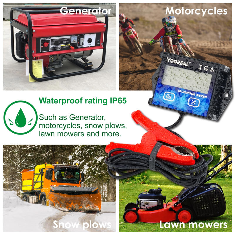 YOOREAL Digital Tachometer Hour Meter Maintenance Reminder with Clips Backlight Replaceable Battery Waterproof for Lawn Mower Motorcycle Outboard Motor Generator Snow Blower etc
