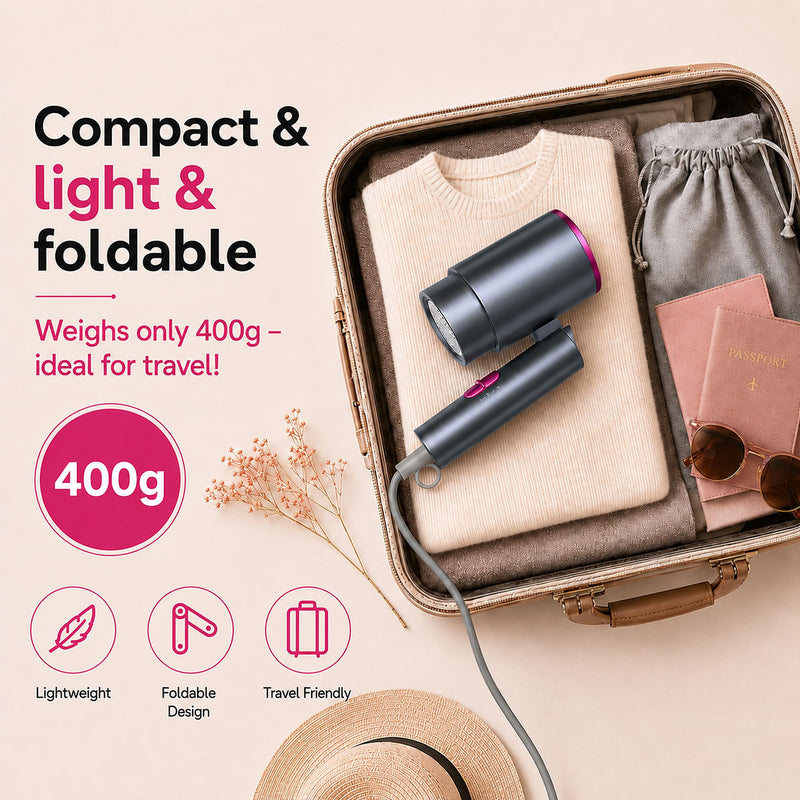 AIUNAOM Travel Hair Dryer 2000W Fast Drying,Foldable Hair Dryer with Cool Shot, Lightweight Compact Design, Professional Blow Dryer Featuring Negative Ion Technology, Overheat Protection Gray Purple