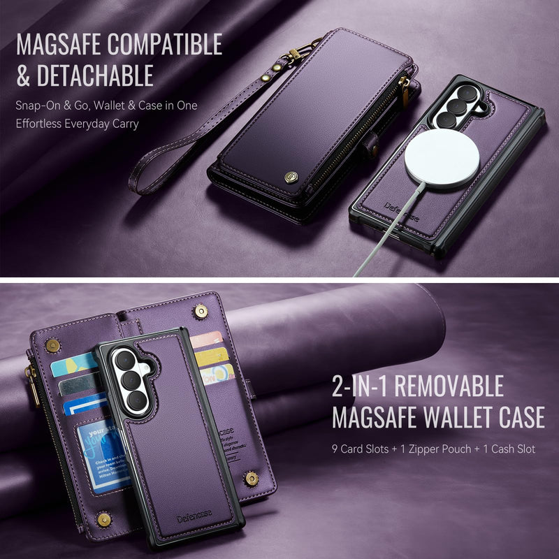 Defencase for Galaxy Z Fold 8 Ultra Case Wallet Compatible Magsafe, Purple | Magnetic Detachable, with RFID Bolcking Card Holder, Zipper Pocket, Drop-Proof Phone Cover for Samsung Galaxy Z Fold 8 Ultra (Detachable with Magsafe)-Purple