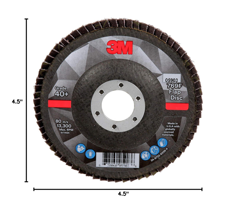 3M Flap Disc 769F, Type 27, 40+, 4-1/2 in x 7/8 in, High Performance Abrasive, Ceramic Precision-Shaped Grain Grinding and Finishing Disc, Carbon Steel, Stainless Steel