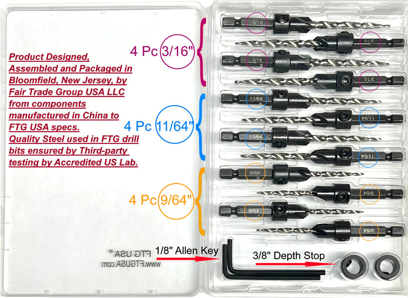 FTG USA Countersink Drill Bit Set 4 Pc #6(9/64"), 4 Pc #8(11/64"), 4Pc #10(3/16") with Tapered Drill Bits for Woodwork with Storage Container #6#8#10 4 Pc with Depth Stop