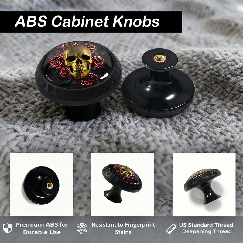 12 Pack Gothic Golden Skull Red Roses Cabinet Knobs for Kitchen | Drawer Pulls Round Dresser Handles Hardware for Desk Cupboard Wardrobe Closet Vanity Door Bathroom Decor 12PCS - 1.37"L x 1.1"W Gothic Gold Skull with Red Roses