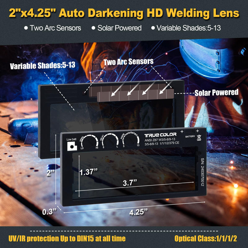 Auto Darkening Welding Lens 2x4 1/4, Variable Shade 5-13, True Color Technology, Adjustable Sensitivity/Recovery Time/Shade Range, Fit Most Pancake and Pipeliner Welding Hoods. (Gold) Gold