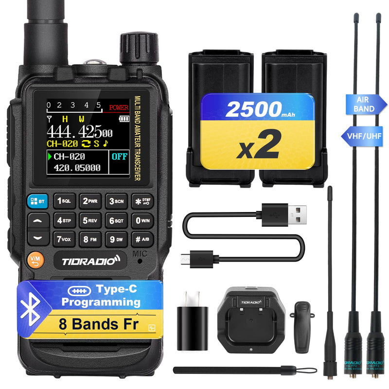 TIDRADIO TD-H3 Ham Radio Handheld(2PCS Batteries), 8-Bands, Wireless &Type C Programming, Frequency Match, Air Band &771 Long Antennas, Walkie Talkie Rechargeable Portable Two Way Radio Full Kit 1Pack 1PACK, Black-2 Batteries(Full Kit)