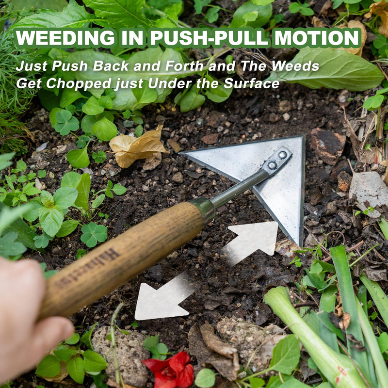 Haliaeetus Triangle Head Hoe, 15'' Scuffle Hoe for Weeding Precisely in Raised Bed, Stainless Steel Rogue Hoe for Weeding in Push-Pull Motion, Push Pull Hoe with Compact Size for Weeding Between Plant 15'' Triangle Head Hoe