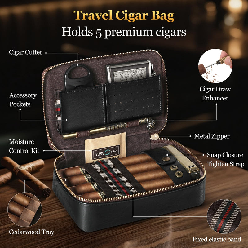 Cigar Humidor, Leather Travel Cigar Case, Portable Cigar Box with Cigar Draw Enhancer and Multifunction Cigar Cutter, Cigar Accessories Gift Set (Black) Black