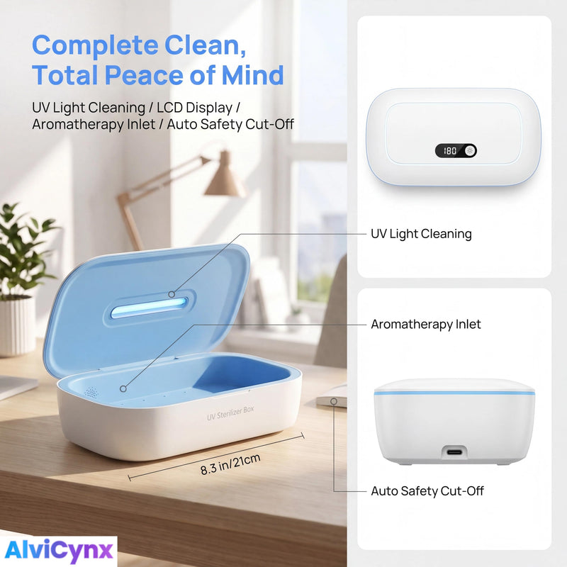 L11 UV Phone Sanitizer Box with LCD Display, Portable UVC Cleaner | Fits phones, glasses, jewelry, keys, earbuds & toothbrushes, large capacity, one-touch operation, portable design