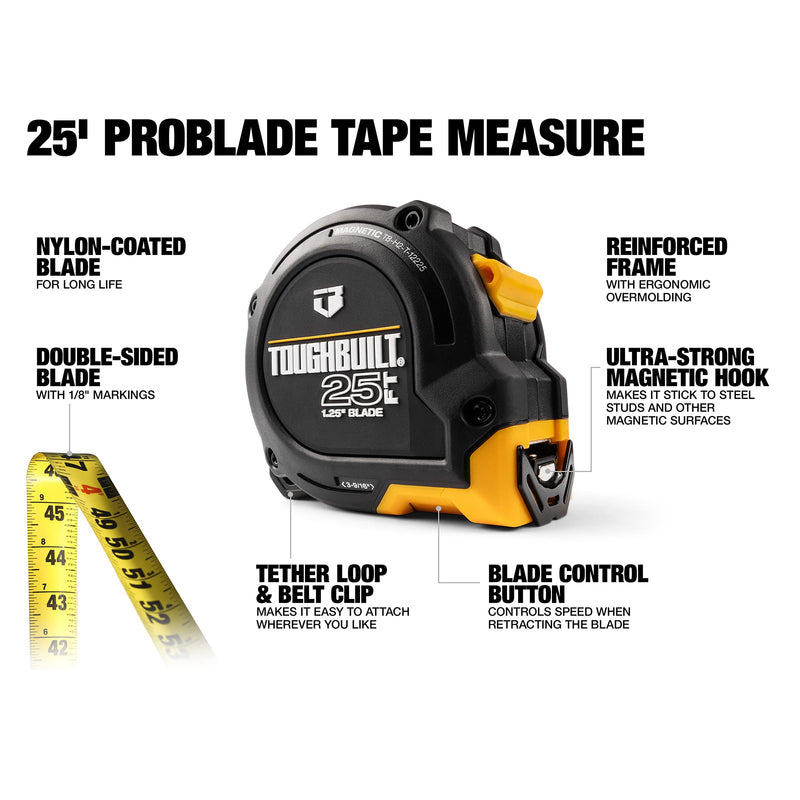 ToughBuilt – 25 ft. ProBlade Tape Measure with Blade Control, 1.25" Wide Double-Sided Blade, Magnetic Hook & 11 ft. Standout for Jobsite Accuracy (TB-H2-T-12225) 7.6 m