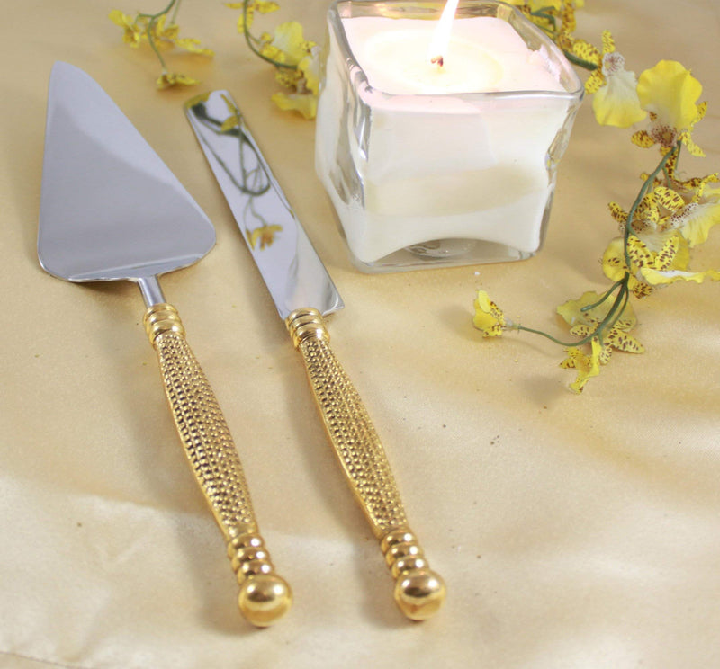 Cake Server, Pie Server, Server Set of Cake Knife and Server, Desert Flatware,String of Beads Design, 2-piece, 18/10 Stainless steel with brass handles (light antique gold finish)… Beads-Gold