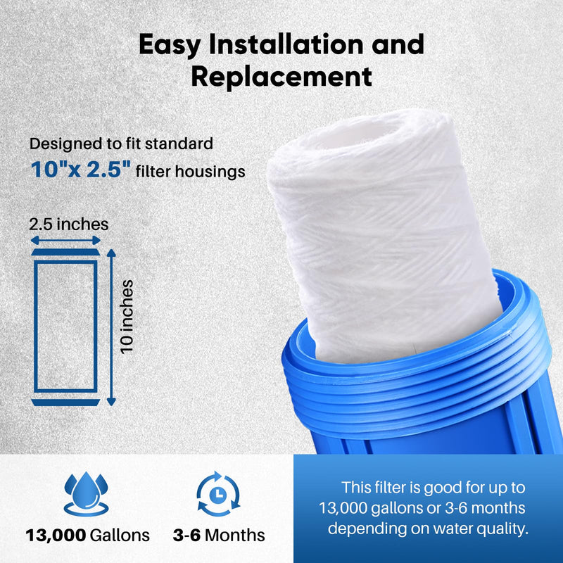 PUREPLUS 5 Micron 10"x2.5" Whole House String Wound Sediment Filter for Well Water, Replacement Cartridge for Universal 10 inch RO System, WP-5, Aqua-Pure AP110, CFS110, Culligan P5, WFPFC4002, 4Pack 10"*2.5" 4 Count (Pack of 1)