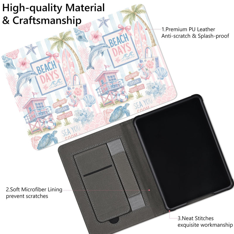 Stand Case for 7" Kindle Paperwhite 12th Gen Beach Days Sunshine | Compatible with Kindle Colorsoft Signature Edition 2024 with Hand Strap | Slim Leather Protective Cover with Auto Sleep/Wake 7" Kindle Paperwhite 12th Generation