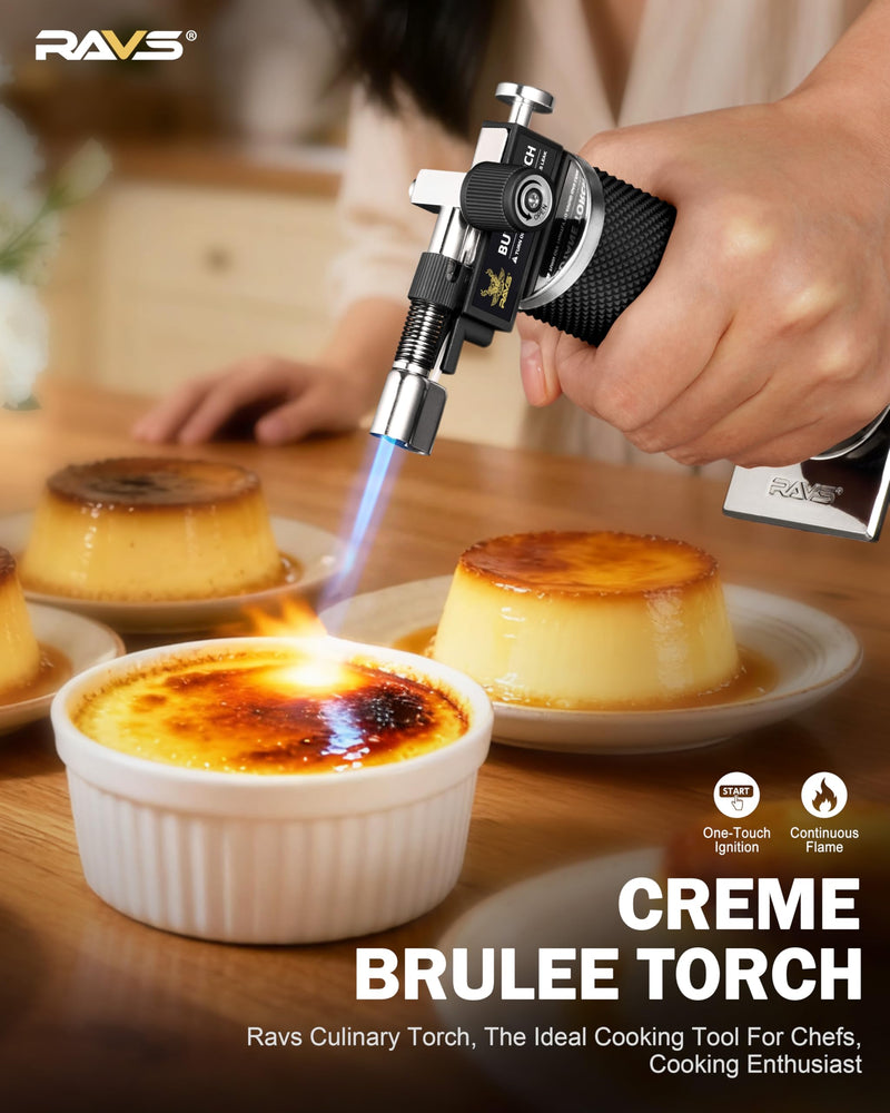RAVS Butane Torch Lighter, DUAL Flame Mode Kitchen Torch, Refillable Cooking Torch Gun, Creme Brulee Torch Lighter, Blow Torch for Cooking, Welding, Mini Torch Soldering Torch, Butane is Not Included Black