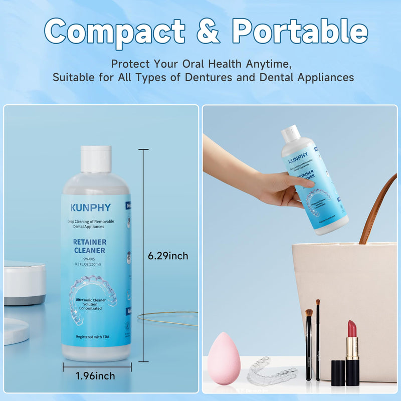 2 Pack Ultrasonic Retainer Cleaner Solution for Sonic Denture Cleaner-Professional Cleaning of Retainers, Invisible Aligners, Mouth Guards, Night Guards, Remove Odors, Discoloration & Stains 8.5oz 250ML*2