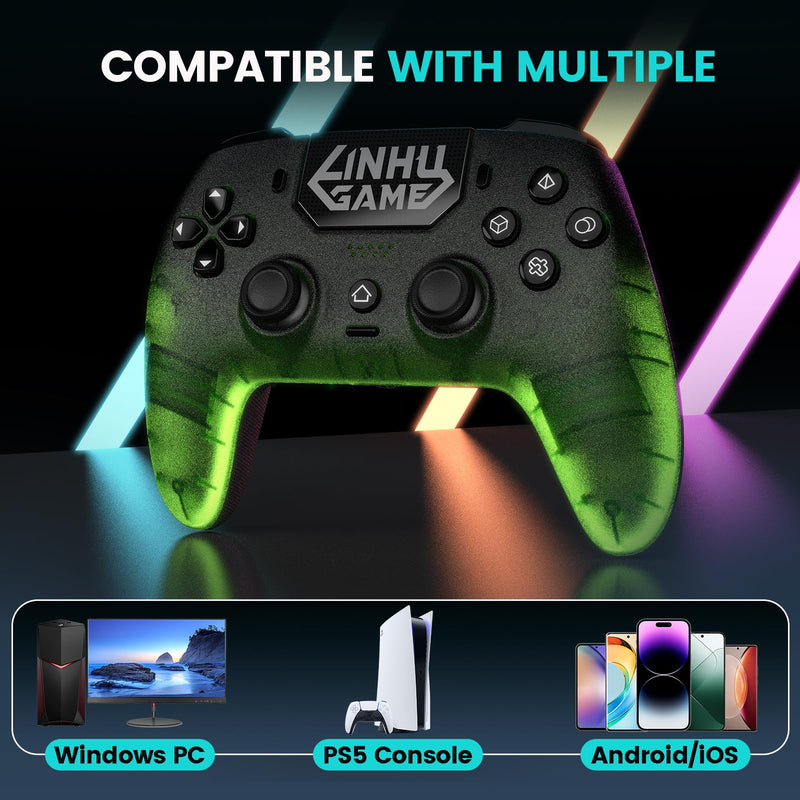 linhugame Transparent Wireless Controller for PS5/Pro/Slim/PC(Electric green),Full surround RGB, Hall-Effect Joysticks and Trigger, Macro, 1500mAh, Speaker and Mic