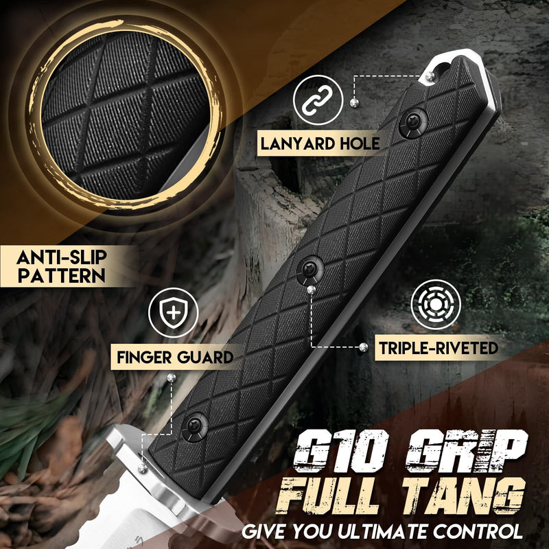 Purple Dragon Japanese Fixed Blade Knife with Sheath - D2 Steel Tanto Knife, Cool Survival Knives with Full Tang Handle, Camping Knives for Bushcraft Outdoor, Gifts for Men Black