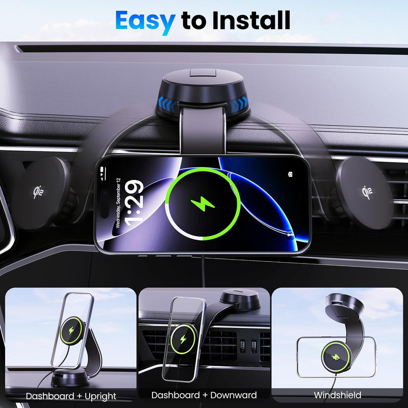 Upgrade [Qi2-Certified] 15W for MagSafe Wireless Car Charger Mount, 2XFast Charging[90+LBS Safe Suction] Magnetic Phone Holder Dashboard Windshield for iPhone 17/16/15/14/13/12 Pro Max (Iron) Iron