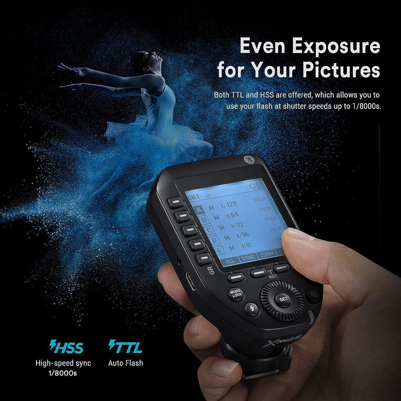 Godox XProII-N Wireless Flash Trigger for Nikon Cameras, 2.4G TTL Wireless Flash Transmitter HSS 1/8000s, TCM Transform Function, Bluetooth Connection, New Hotshoe Locking, Large LCD Display