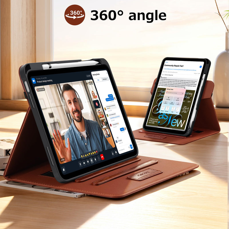 CACOE 360 Rotating Case for iPad 11th/10th Gen(2025/2022, 10.9") | Protective Cover with Pencil Holder, Auto Sleep Wake, PU Leather Folio Stand Protective Cover for iPad A16 Case, Brown