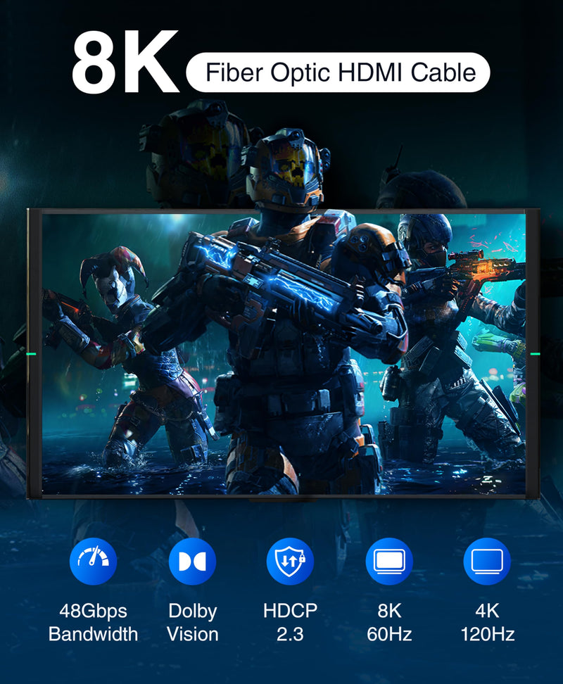 BlueRigger 8K Fiber Optic HDMI Cable 50FT (48Gbps, in-Wall CL3 Rated, 8K 60Hz, 4K 144Hz, HDCP 2.3, HDR10+) Ultra High Speed Long HDMI AOC 2.1 Cable - for Gaming, VR, HDTV, Monitor, PC