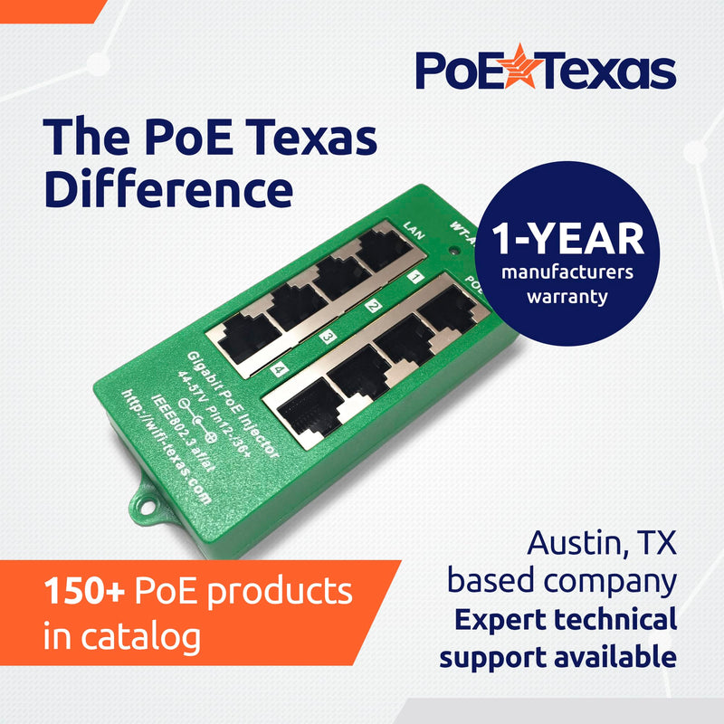 PoE Texas 4 Port PoE Active Mode A Injector with 48V 60W Power Supply - Add PoE+ to Any Switch or Router - 802.3at/af Compliant PoE Midspan for WiFi Access Points, IP Cameras, VoIP Phones