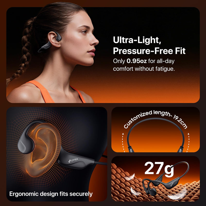 Bone Conduction Headphones, Open Ear Sports Headphones, Wireless Headset with Mic, Bluetooth 6.0, 10H Playtime, IPX5 Sweatproof, Lightweight Secure Fit for Running, Cycling, Gym, Black